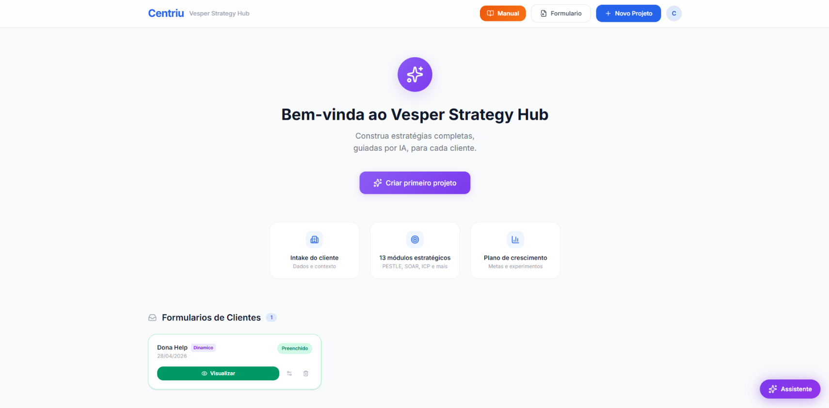 Centriu Vesper — hub de estratégia com frameworks de growth guiados por IA